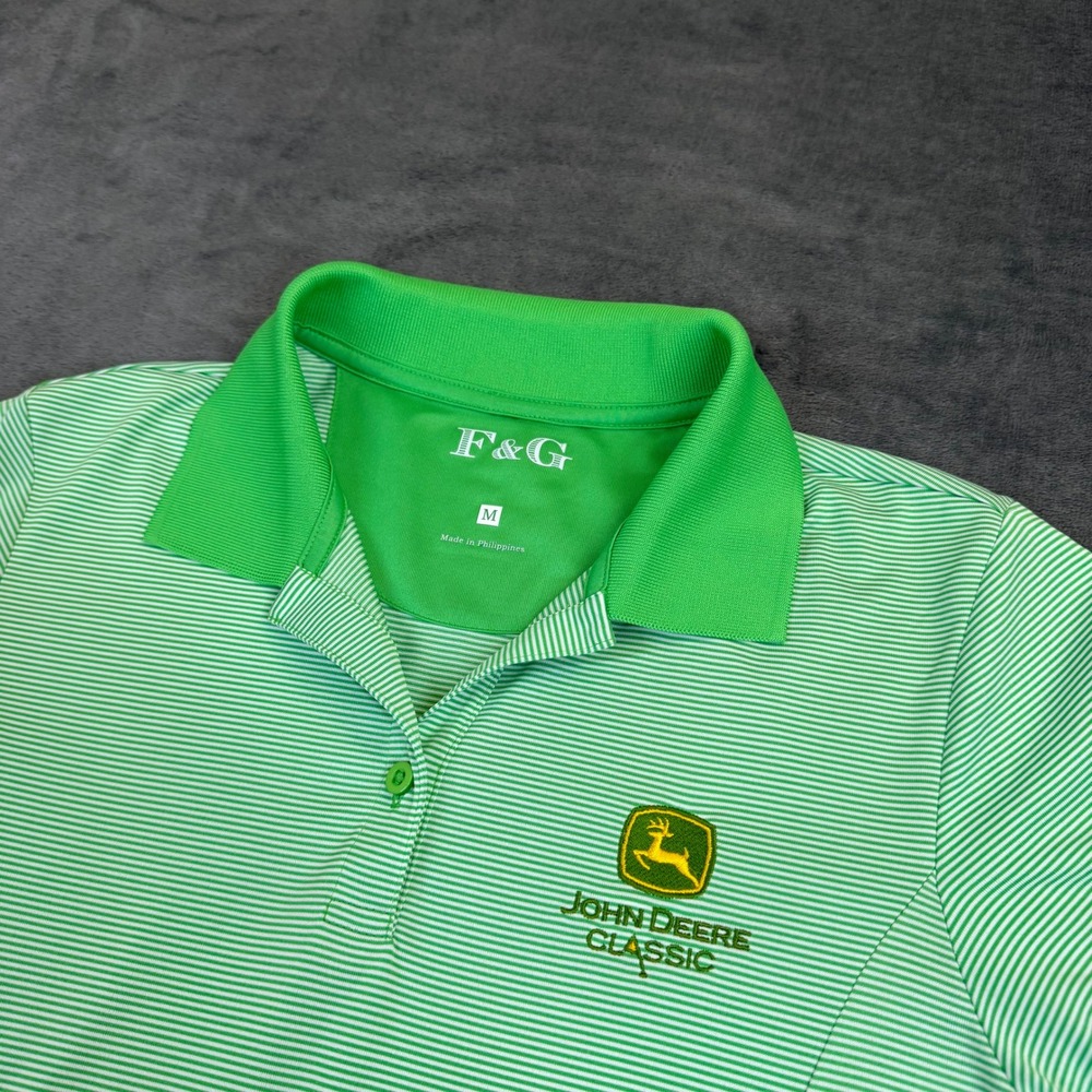 F&G John Deere Classic Polo Shirt Womens Medium Green Striped Wicking